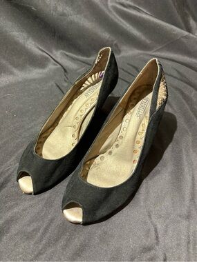 Seychelles Black Suede Peep-Toe Heels with Gold Accent